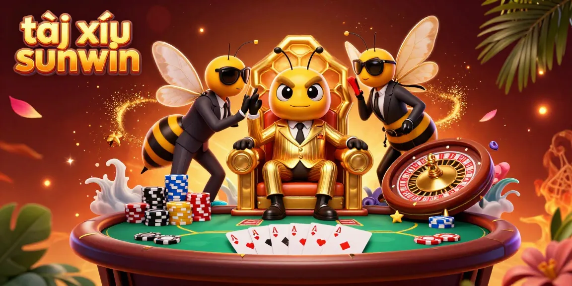 Tài xỉu sunwin showcases live casino excitement with a dynamic cartoon scene featuring a mob boss, poker elements, and golden details.