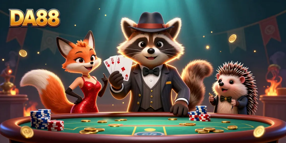 Experience the thrill of DA88 with a suave raccoon in a casino, showcasing a royal flush.