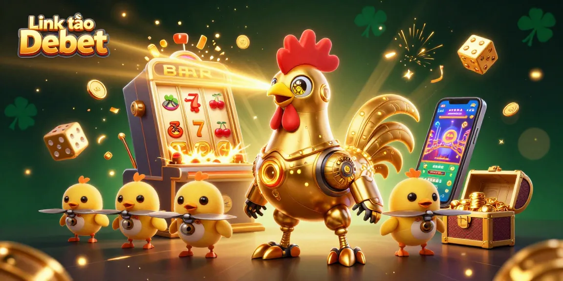 Engage with the exciting Link vào Debet scene showcasing a golden rooster robot and casino chaos.