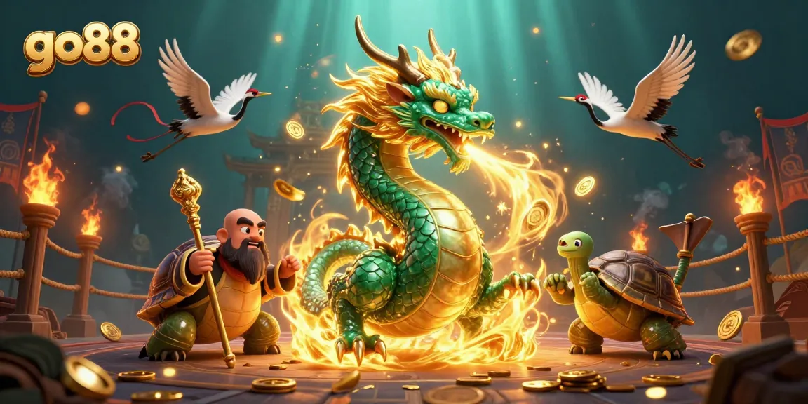Play exciting games at go88 with a massive dragon and interactive elements in a dynamic casino scene.