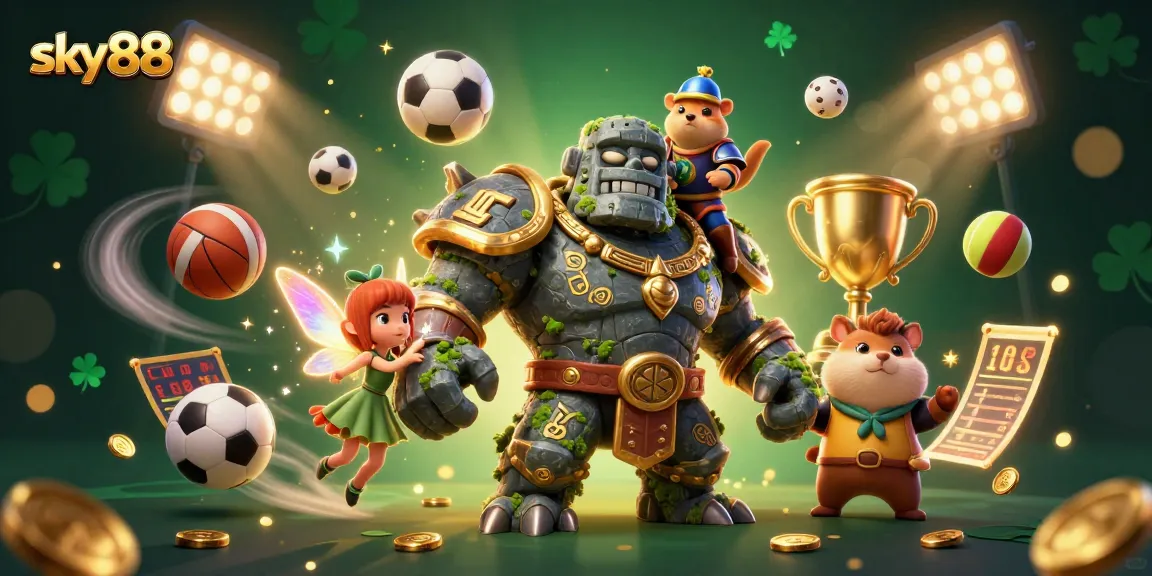Experience thrilling moments at sky88 with a fantastical golem and friends amidst vibrant casino action.