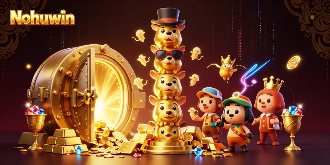 Nohuwin showcases a vibrant 3D illustration of a golden totem pole amidst treasure, enhancing the gaming experience.