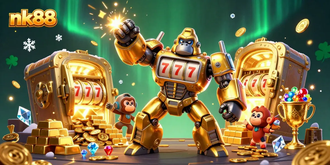 The nk88 platform showcases a dynamic scene with a golden gorilla mech and slot machine elements exploding with treasures.