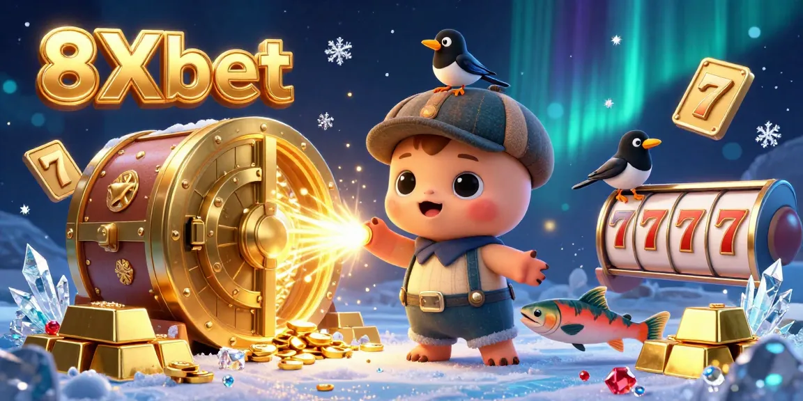 Engage with exciting 8Xbet gaming adventures, featuring a cartoon baby Nessie amidst casino elements.