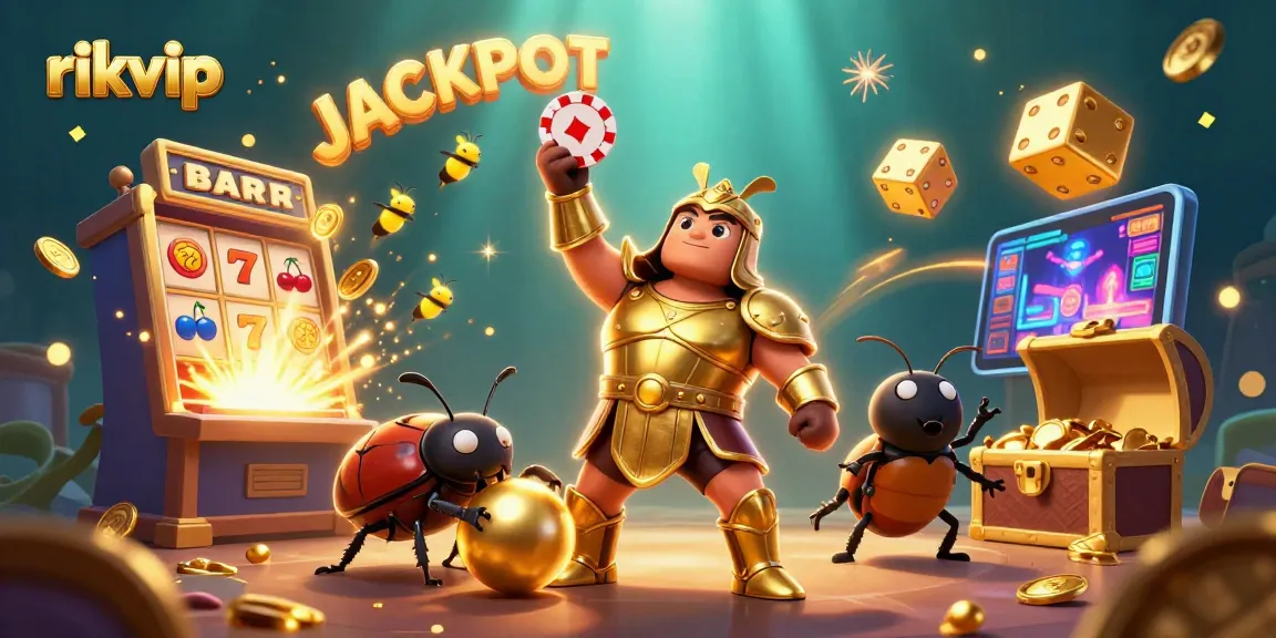 Experience the excitement at rikvip with a 3D jackpot scene featuring vibrant casino elements.