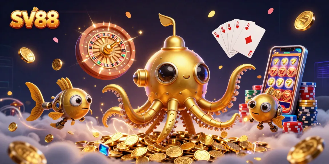 Join the SV88 adventure with a captivating 3D casino scene featuring golden krakens amidst coins.