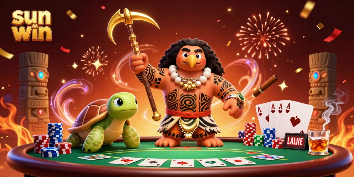 Experience thrilling poker action with sun win, featuring vibrant characters and casino elements.