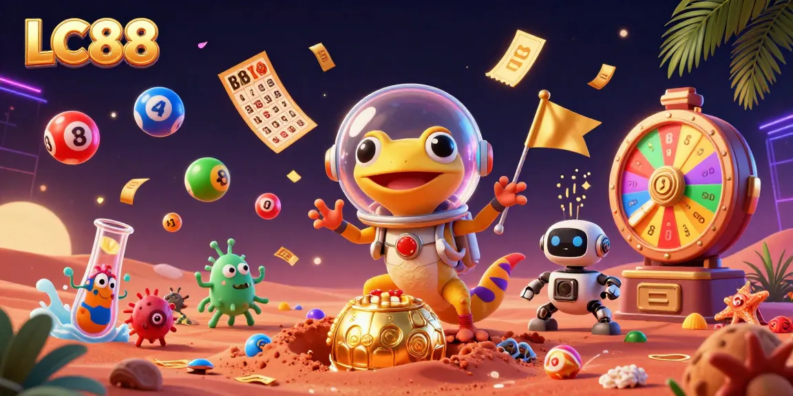 LC88 casino adventure showcasing a Martian gecko's vibrant discovery of thrilling games and rewards.