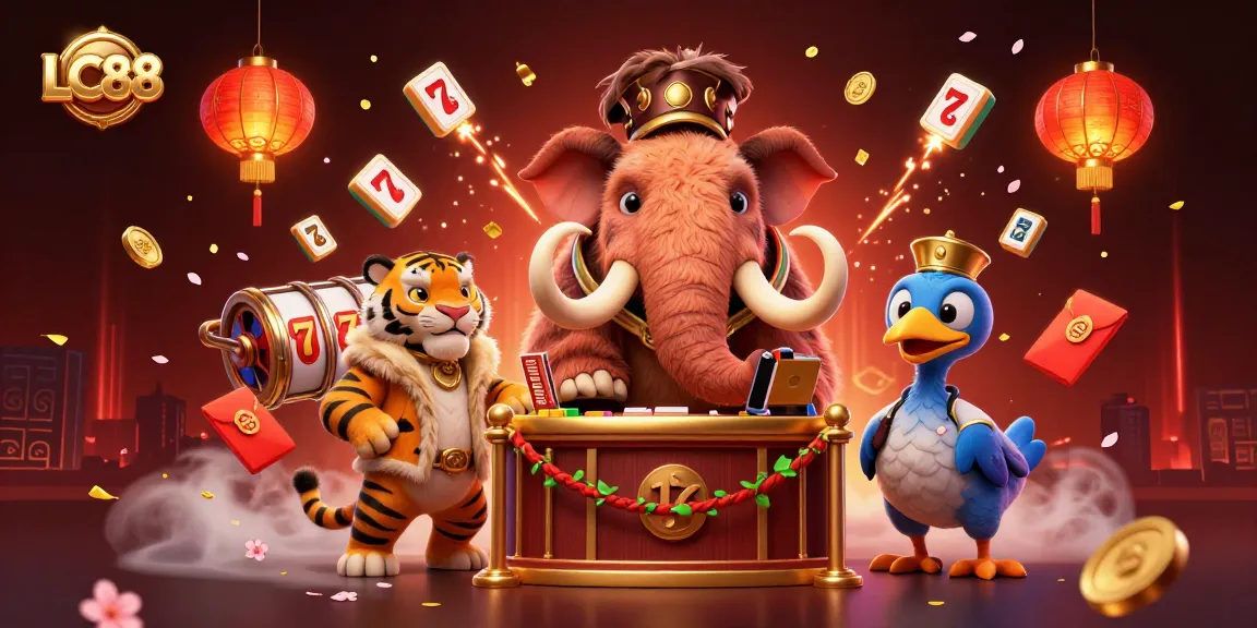 Experience the excitement of LC88 with a vibrant 3D casino scene featuring a bouncer, VIP guest, and doorman.