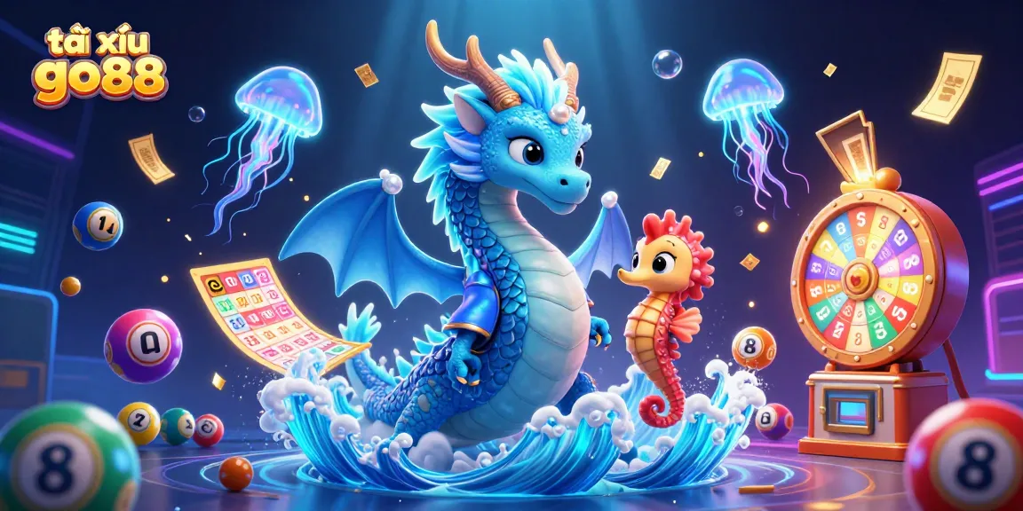 Tài xỉu go88 features an azure water dragon and jellyfish amidst dynamic lottery elements.
