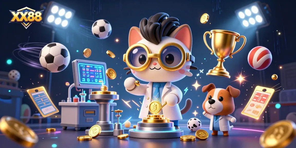 Engage with the thrilling gaming experience at XX88, featuring a dynamic scene with sports balls, trophies, and golden coins.