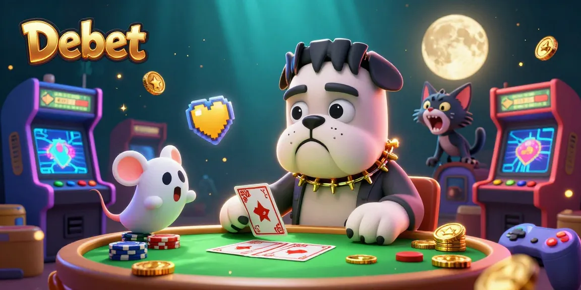 Debet's thrilling game scene with a Frankenstein bulldog and werewolf kitten at a vibrant casino table.