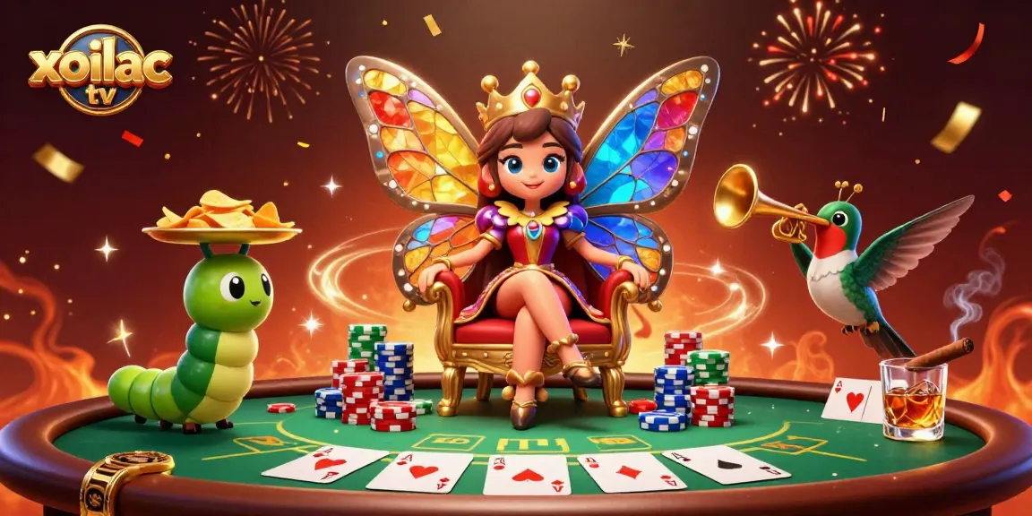 Xoilac tv brings dynamic sports action to life with colorful illustrations of a butterfly queen, poker chips, and gameplay elements.