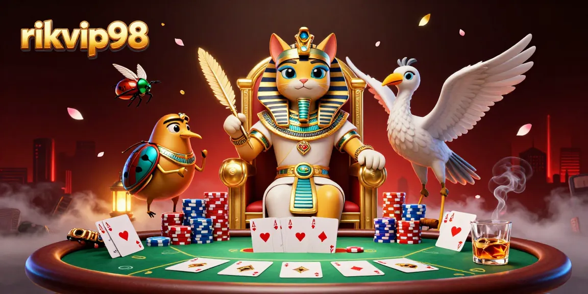 Experience thrilling poker action at rikvip98 with a vibrant 3D illustration featuring a pharaoh cat and dynamic gaming elements.