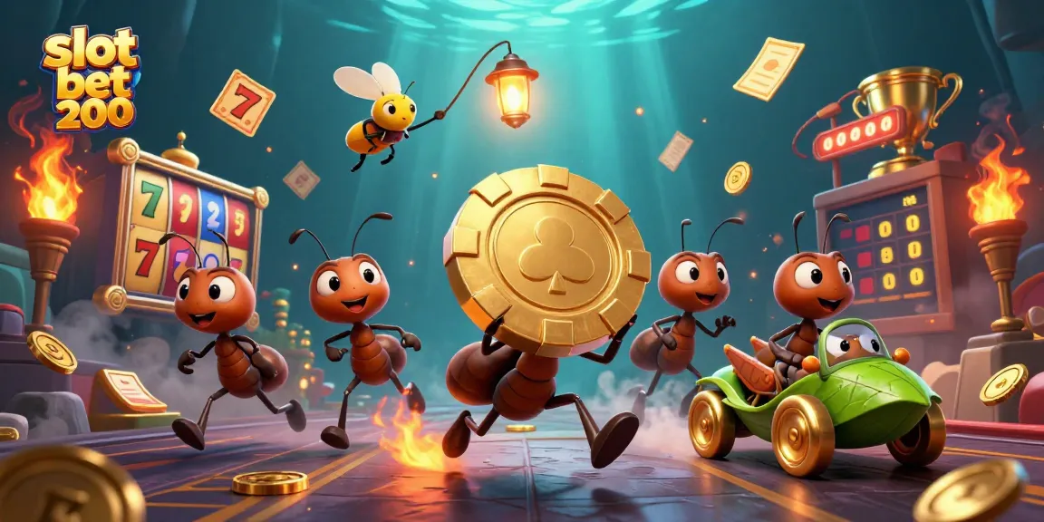 Slot bet 200 menampilkan tim semut 3D beraksi dengan poker chip emas raksasa dan elemen judi menarik.