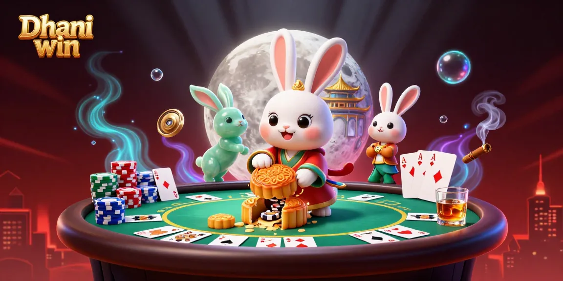 Dhani win gaming scene with a moon rabbit revealing poker chips and vibrant casino elements.