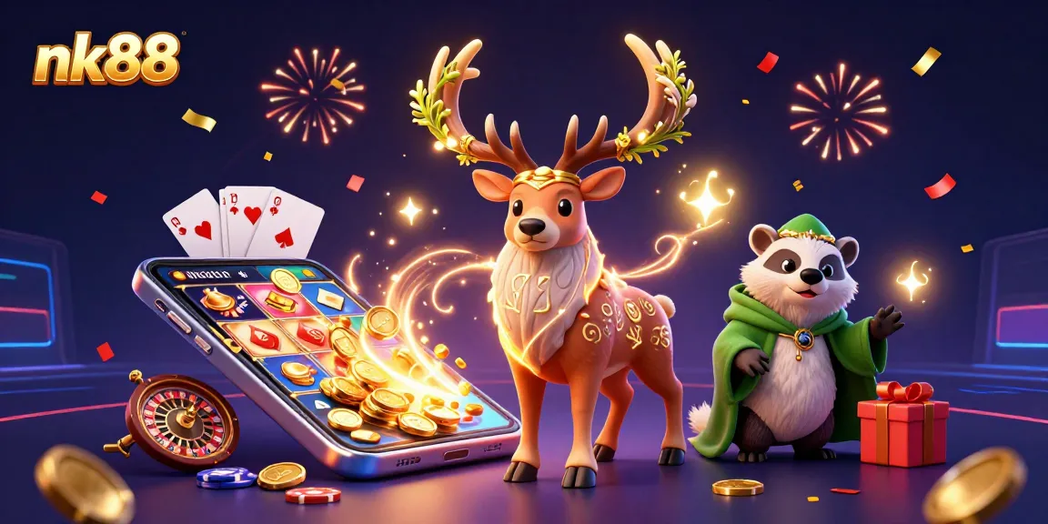 Win big at nk88 with an exciting 3D casino scene showcasing vibrant games and magical characters.