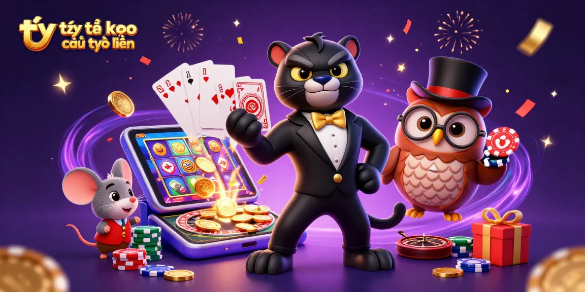 Experience the excitement of tỷ lệ kèo nhà cái trực tuyến with a stylish panther, owl, and lucky mouse engaging in dynamic casino action.