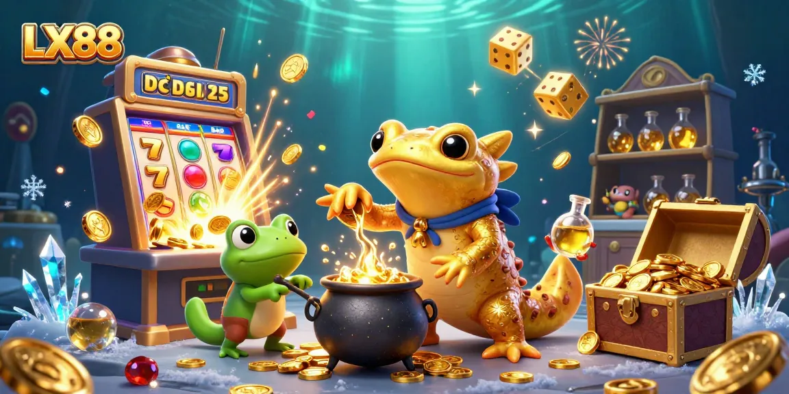 Experience thrilling gaming with LX88 amidst a vibrant cartoon scene of casino excitement and alchemical gold.