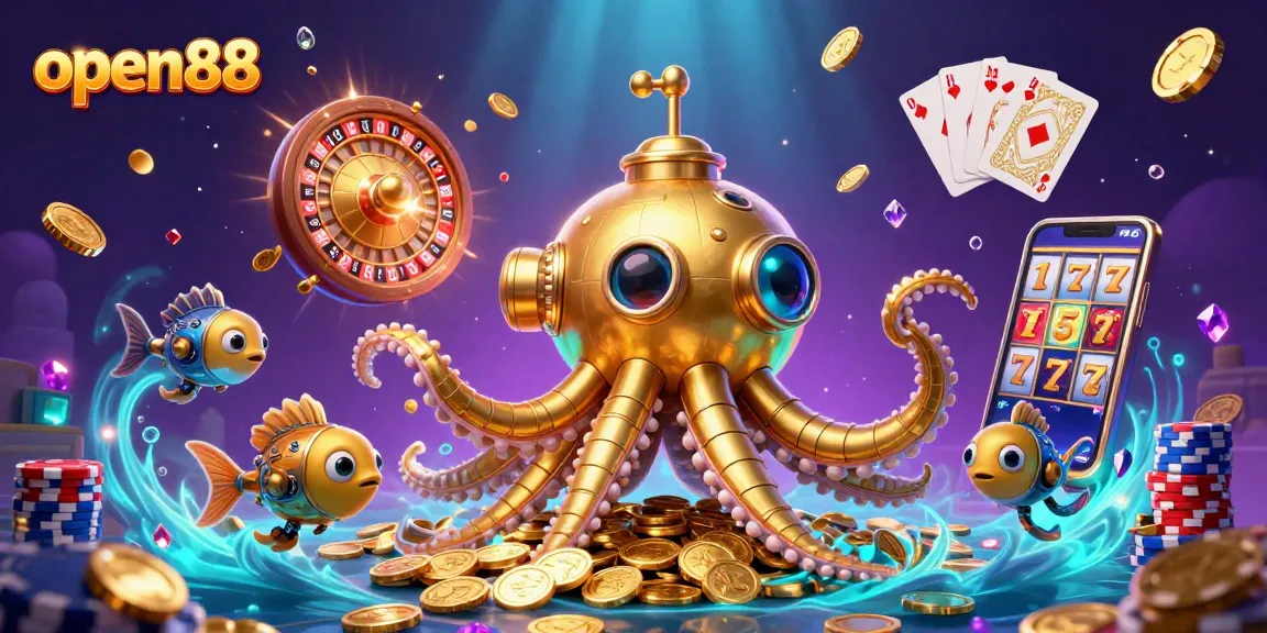 Experience the thrill of open88 casino with a vibrant 3D illustration featuring golden submarines and exciting treasures.