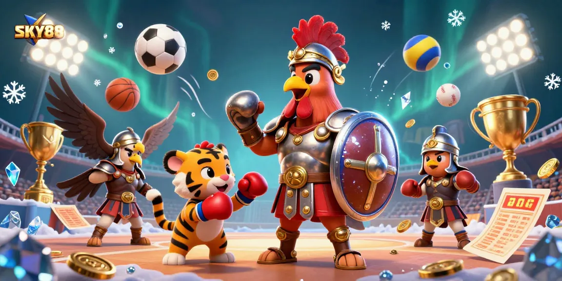 Experience thrilling action with SKY88 in a vibrant, dynamic 3D gambling scene featuring sports elements.