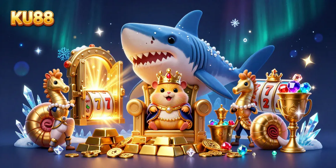 Spin and win with KU88 in a vibrant 3D casino scene filled with gold and treasures.