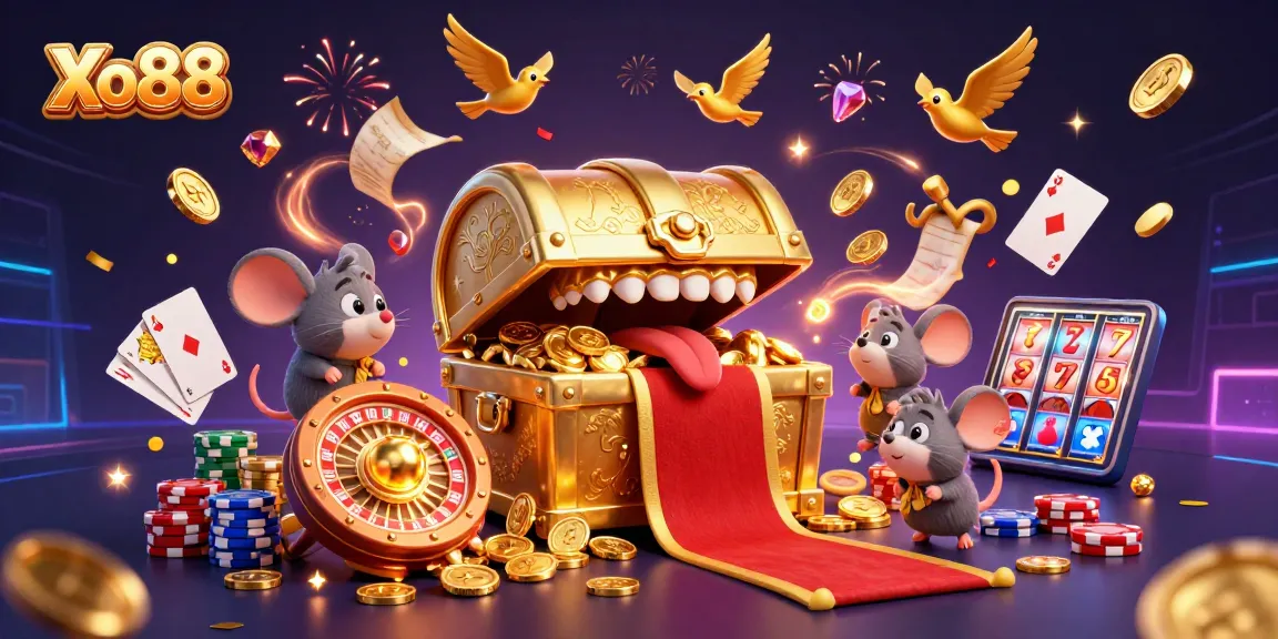 Xo88 attracts players with an engaging 3D casino scene showcasing treasures and games.