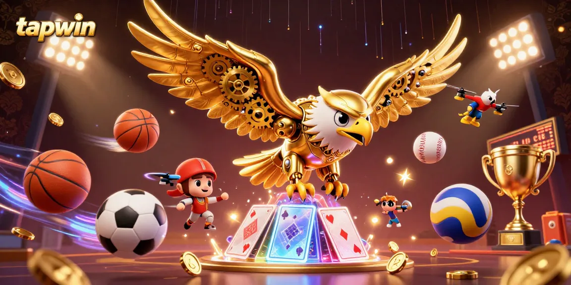Experience tapwin gaming with a 3D cybernetic eagle amidst vibrant sports elements.