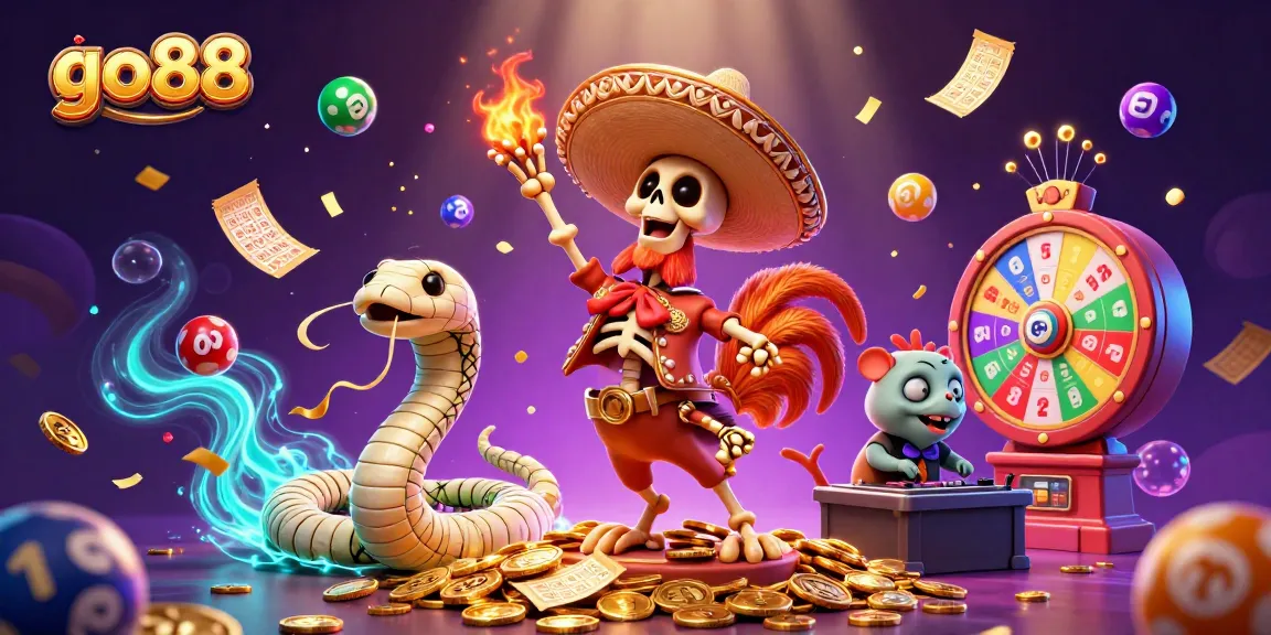 Experience go88's vibrant 3D casino adventure with bouncing lottery balls and money rain around lively characters.