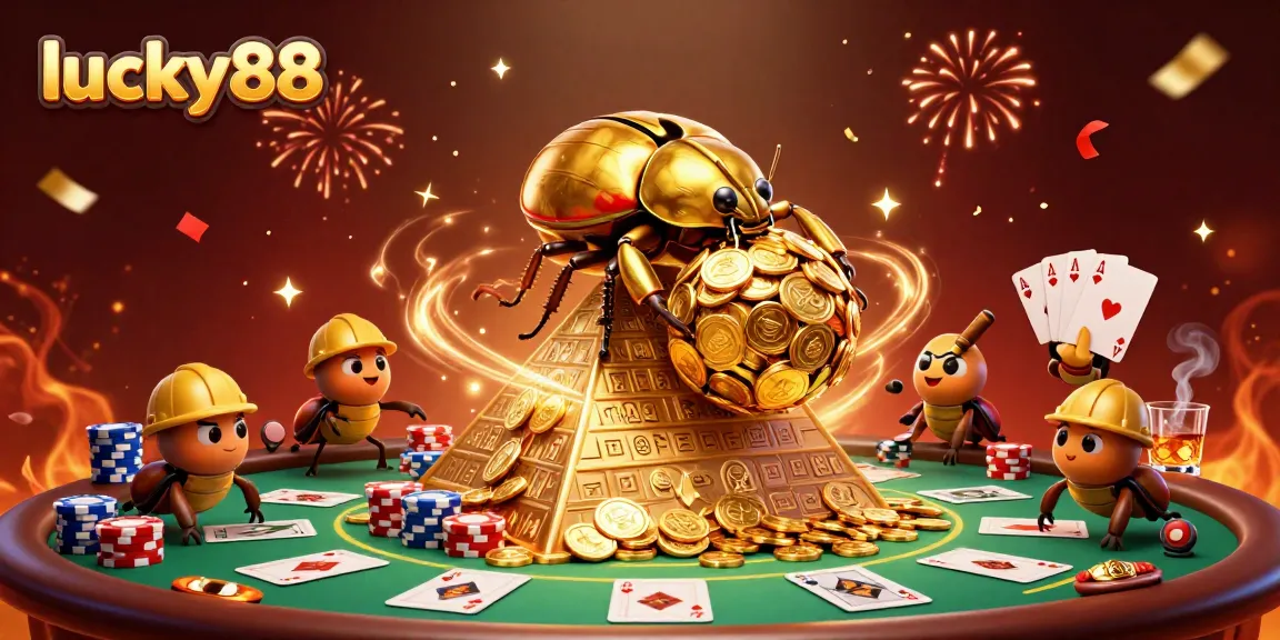 Experience lucky88's thrilling casino adventure with vibrant beetles and poker elements.