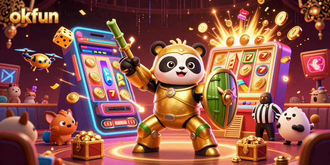 Experience the excitement of casino games with okfun in a vibrant, animated 3D digital illustration featuring dynamic gaming elements.