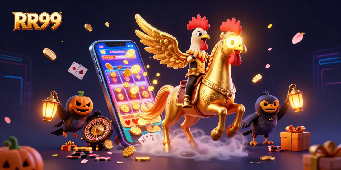Experience RR99 with a golden rooster in a dynamic casino scene surrounded by gameplay excitement.