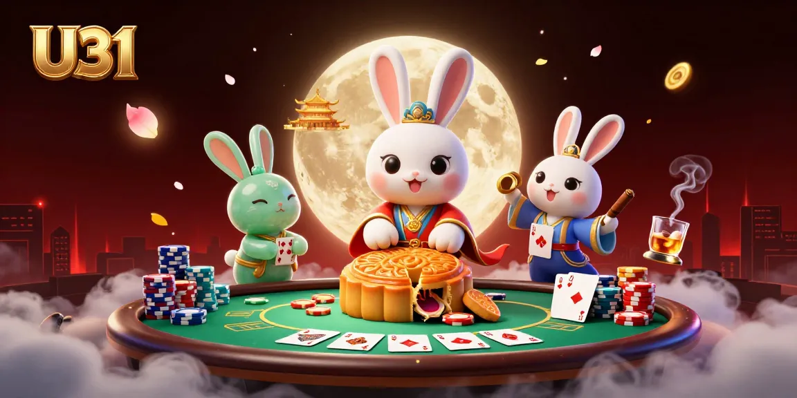 Engage with U31 as moon rabbit reveals golden poker chips inside mooncakes in this dynamic casino scene.