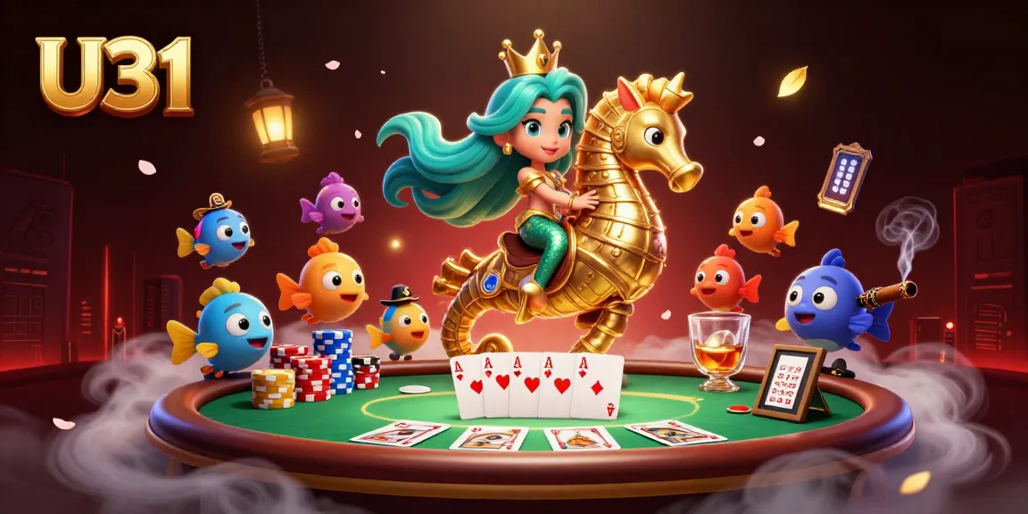 U31 casino illustration featuring a mermaid princess with colorful fish and poker elements, showcasing vibrant gambling action.